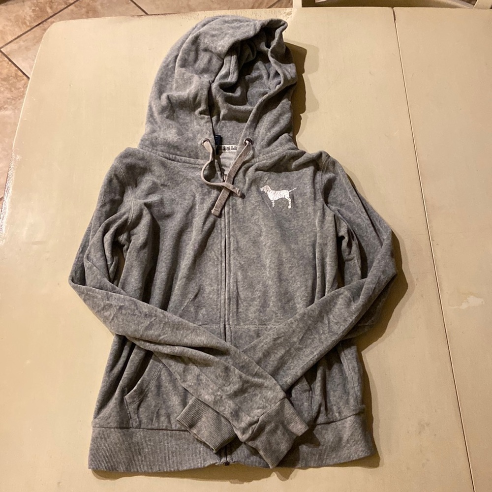 PINK velour zip up sweater, super cozy! Size XS